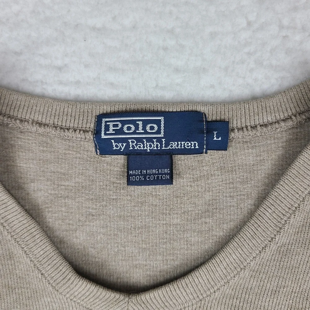 Polo Ralph Lauren Sweater Mens Large Tan Brown V Neck Sweatshirt 100% Cotton